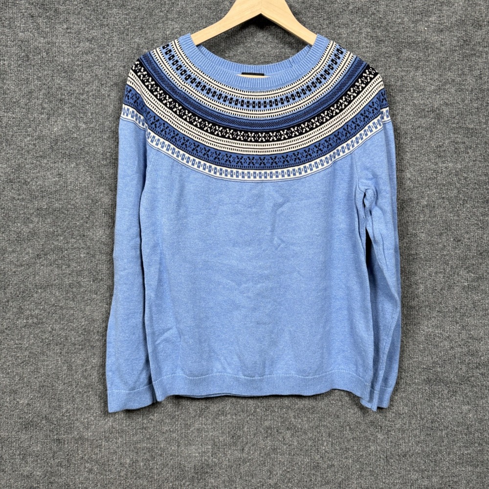 Talbots Size Large Sweater Blue Fair Isle Cotton Cashmere Pullover Long Sleeves